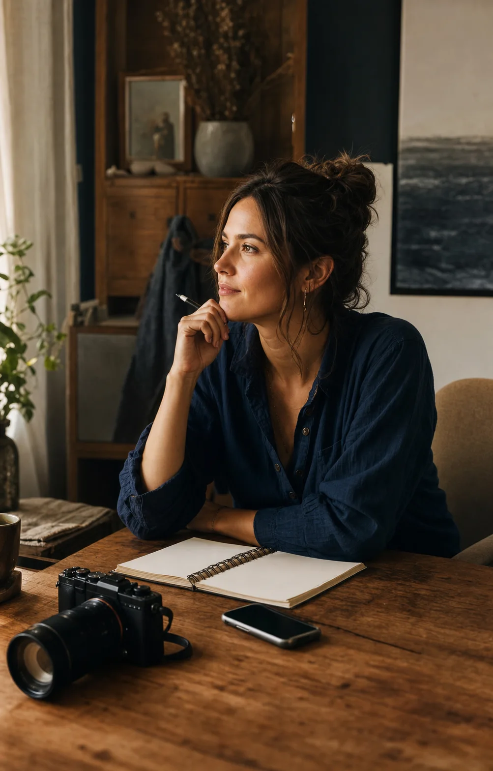 A creator planning content at a warm timber desk in her home studio