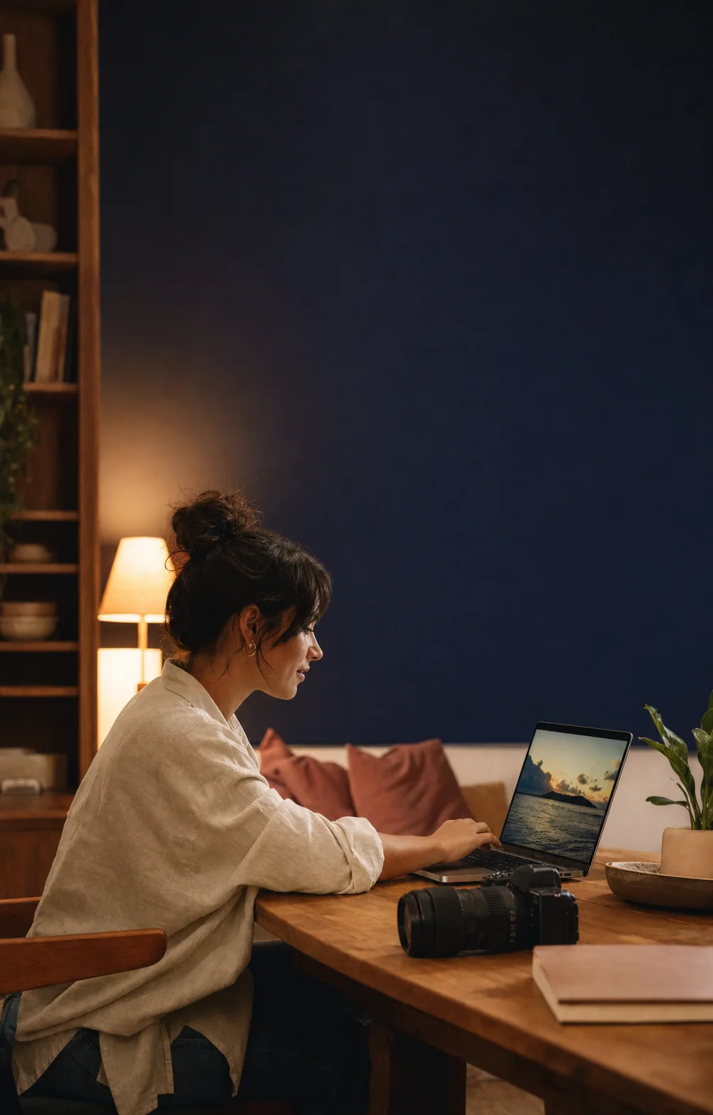 A creator editing content on a laptop in a warmly lit studio